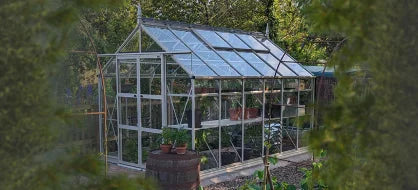 A glass Rhino Greenhouse with a pitched roof houses potted plants on shelves amidst a garden. Surrounded by trees, it features a water barrel outside, blending with the natural setting.