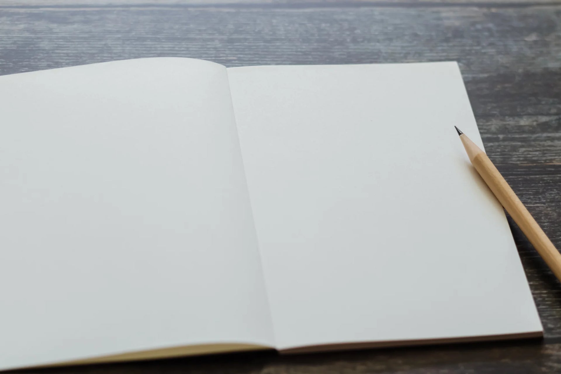 A blank notebook lies open on a wooden surface with a pencil resting on the right page, suggesting readiness for writing or sketching.