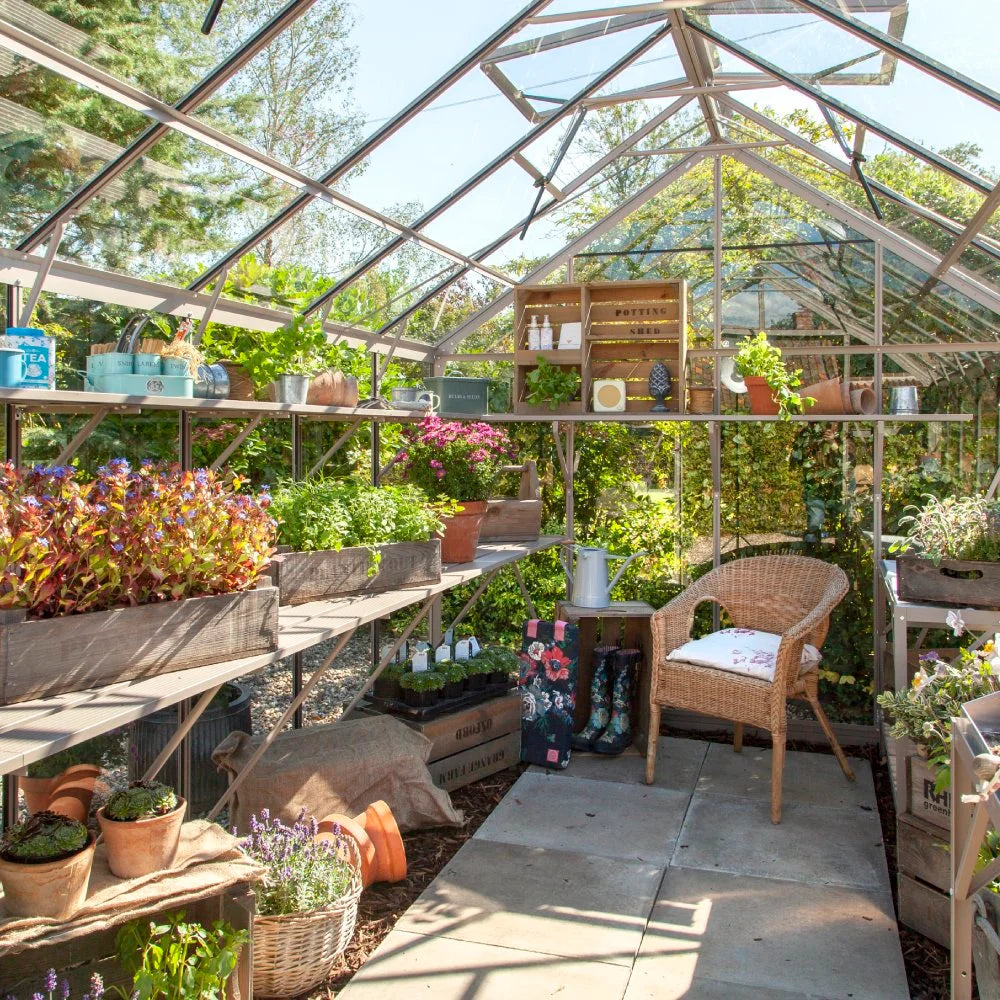 Rhino Greenhouse interior filled with thriving plants in wooden crates; a wicker chair and a watering can sit among gardening tools. Sunlight streams through the glass structure, surrounded by lush greenery.