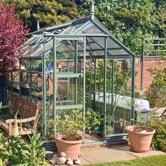 A glass Rhino Greenhouse stands among lush plants and potted flowers, with a wooden bench beside it, set in a sunny garden with green and red foliage.