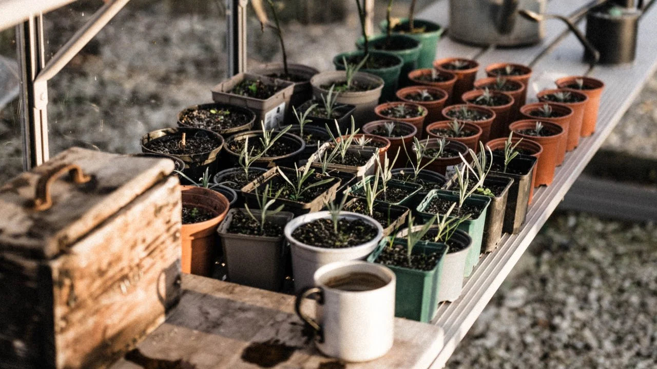 Potted seedlings sit on a shelf, growing under sunlight in a Rhino Greenhouse. Nearby, a weathered wooden box and a white mug create a rustic, garden-like atmosphere.