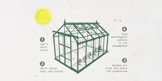 A green Rhino Greenhouse with plants inside, illustrating solar heating. Numbered steps show: 1. Sun’s short waves, 2. Short waves heat the ground, 3. Warmed air rises and heats the Rhino Greenhouse, 4. Long wavelengths radiate to the atmosphere.