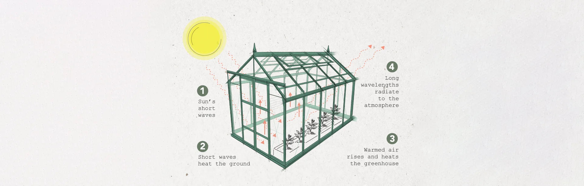 A Rhino Greenhouse absorbs sunlight, where short waves heat the ground, warmed air rises, and long wavelengths radiate to the atmosphere. Text: 1. Sun's short waves, 2. Short waves heat the ground, 3. Warmed air rises and heats the Rhino Greenhouse, 4. Long wavelengths radiate to the atmosphere.