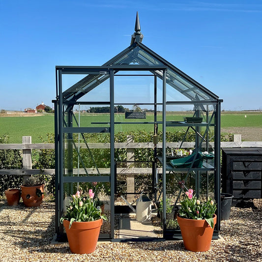 A glass Rhino Greenhouse stands with a pointed roof, surrounded by potted plants on gravel, wooden fence, and open fields. Inside, gardening tools are visible.