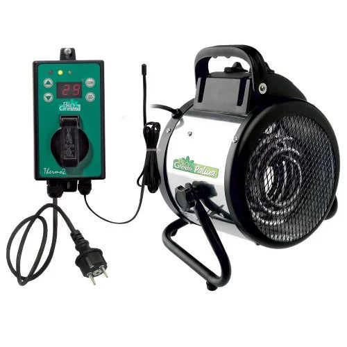 A portable electric Rhino Greenhouse heater with a digital thermostat controller labeled E Bio Green Palma, featuring two dials and multiple cords, designed for temperature control in gardening environments.