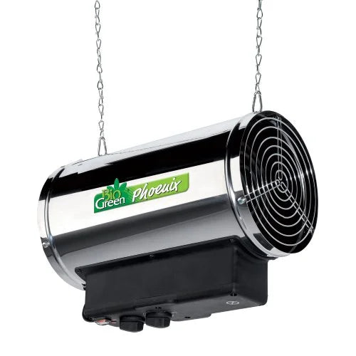 A cylindrical metal heater labeled Bio Green Phoenix hangs from chains, featuring a fan on one end and a control box underneath, set against a plain white background.