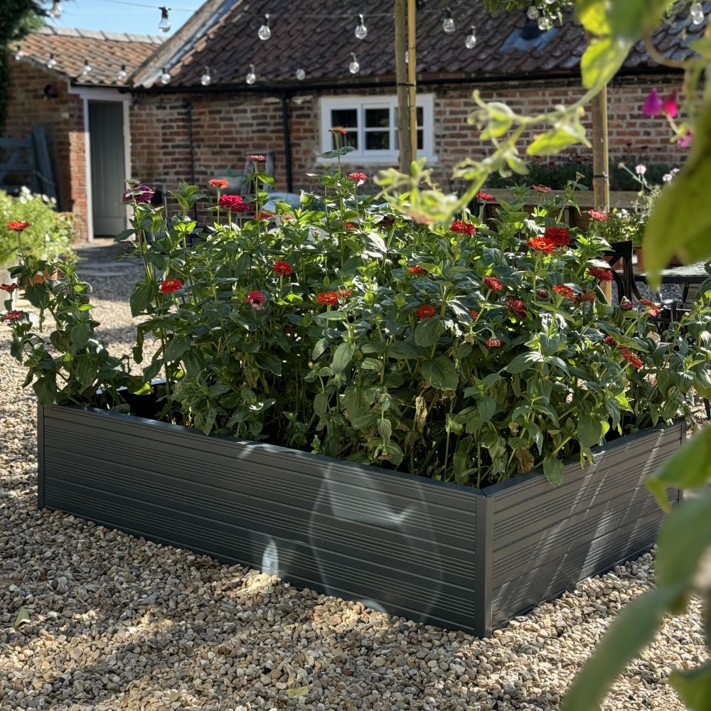 Planter with vibrant red flowers, set in a modern, dark gray raised bed, positioned on gravel in a charming, rustic garden with brick buildings and string lights in the background.