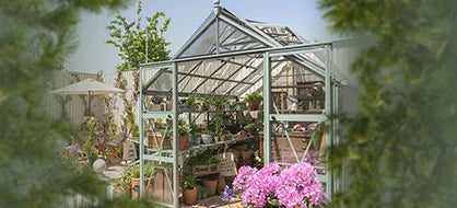 Rhino Greenhouse displaying assorted plants and flowers inside, surrounded by a lush garden setting with trees and pink blossoms framing the scene. Bright daylight highlights the structure's glass panels.