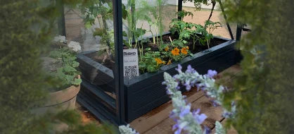 A black Rhino Greenhouse houses various green plants and flowers. A sign with Rhino and a QR code is visible. Surrounding greenery and wooden flooring set the garden context.