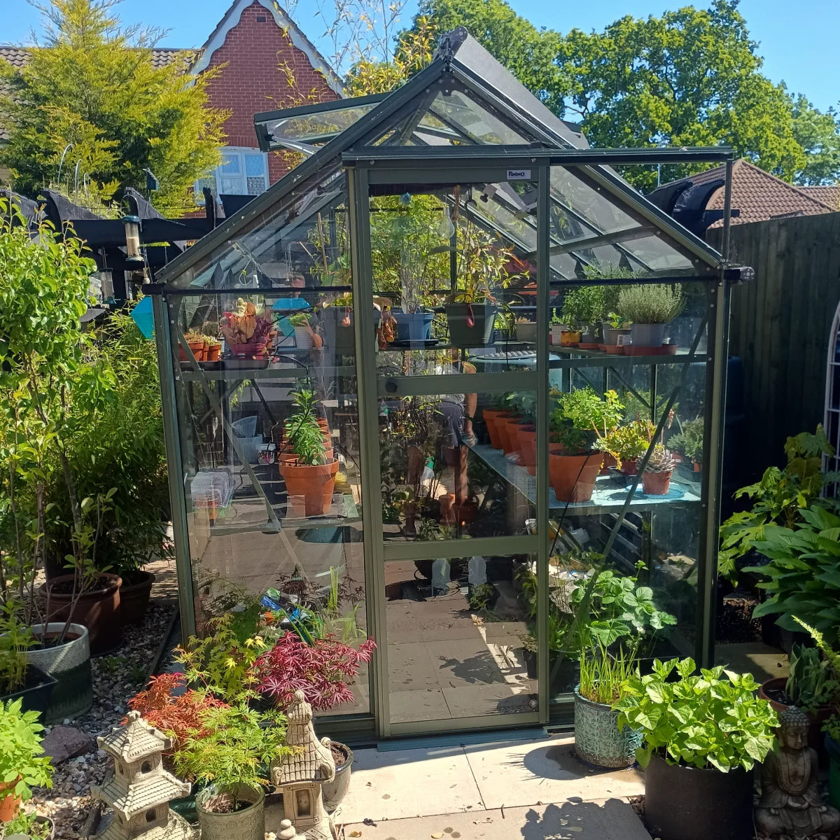 Rhino Greenhouse displays various potted plants and gardening tools. Surrounded by vibrant garden plants and outdoor decor, it's situated in a sunny backyard with a brick house nearby.