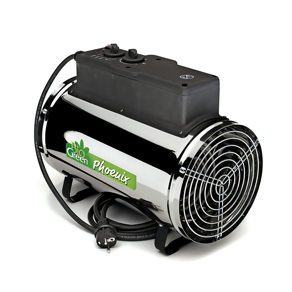 A cylindrical electric heater with a black top panel and control knobs, labeled Bio Green Phoenix, sits on a plain surface with a coiled power cord.