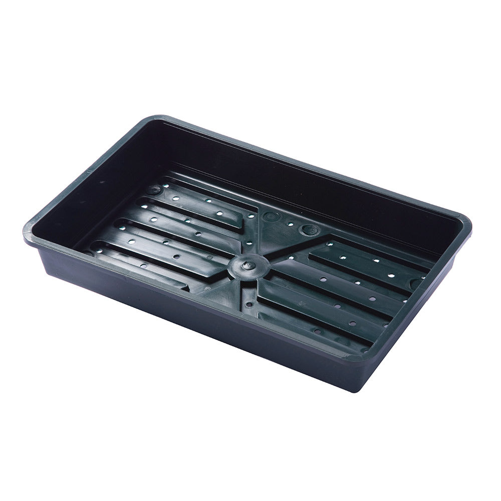 A black, rectangular plastic tray with drainage holes, sitting on a plain white background. It features a ribbed pattern on the bottom for structural support.